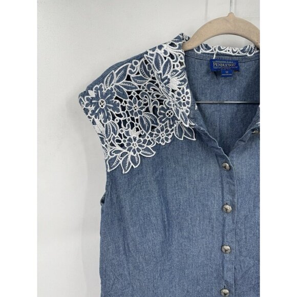 Pendleton Chambray Embroidered Shirt Mini Dress Women 12 Blue Ethereal Western - Picture 8 of 9